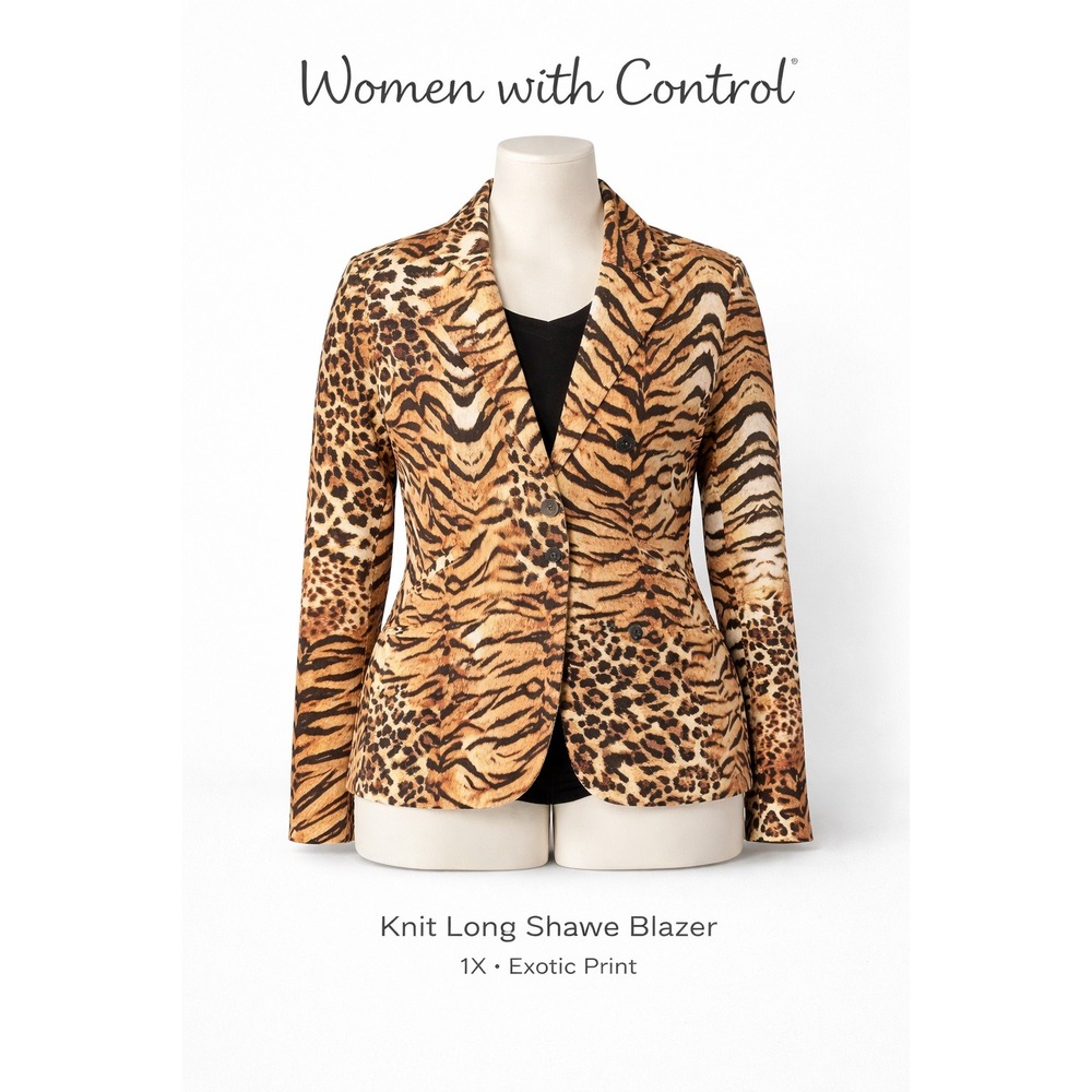 Women with Control 1X Long Sleeve One Button Blazer Tan Black Animal Print NWT